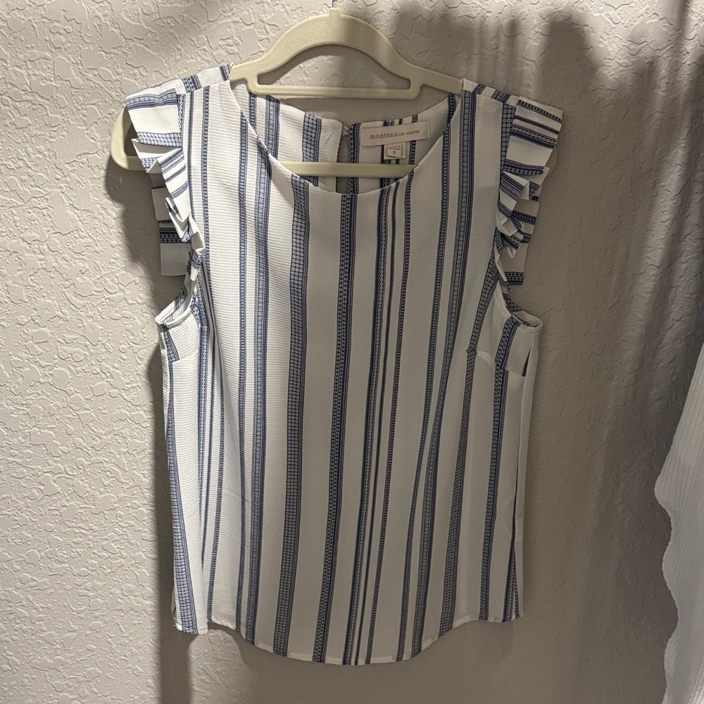 Monteau Blue Stripe Ruffle Sleeve Blouse